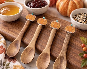 Cucharas pequeñas de madera, juego de cucharas con forma de calabaza, decoración de cocina otoñal esmaltada, juego de 4
