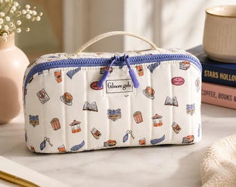 Neceser de maquillaje de Gilmore Girls, neceser acolchado Stars Hollow, organizador de artículos de aseo de viaje color crema