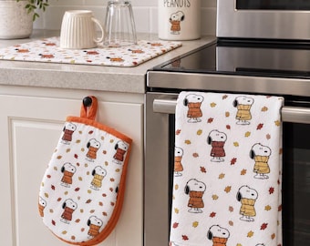 Toallas de cocina de Snoopy para otoño, mini agarraderas de Peanuts, juego de cocina de 4 piezas