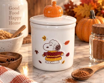 Snoopy Fall Canister, Peanuts Kitchen Decor, Pumpkin Lid, Autumn Kitchen Storage, Fall Gift