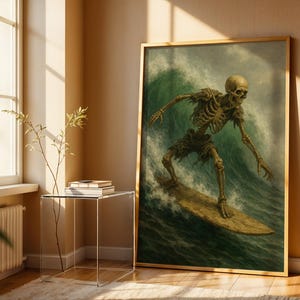 Skeleton Surfer Wall Art | Spooky Halloween Surf Print | Gothic Ocean Wave Digital Download Poster