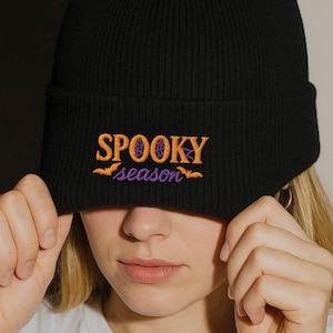 Spooky Season Embroidered Beanie | Halloween Cuffed Knit Hat for Fall | Cozy Vibes Gift | Goth Autumn Spider Web Hat