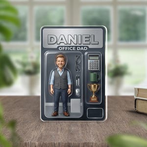 May include: A novelty gift set featuring a miniature figurine of a man in office attire, labeled "DANIEL OFFICE DAD." The set includes miniature accessories like glasses, a calculator, a mug, a trophy, and a mouse. The background is a wooden surface.