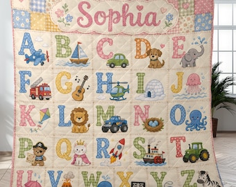 Coperta trapuntata personalizzata con alfabeto: biancheria da letto per la cameretta del bambino con nome e lettera ABC personalizzati