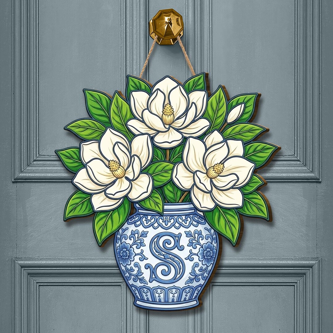 Magnolia Flower Wooden Door Sign: Floral Vase Wall Decor With Monogram ...