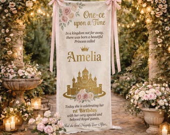 Personalized Princess Birthday Banner: Storybook Once Upon a Time Cotton Linen Tapestry