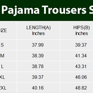 Puede incluir: Tabla de tallas de pantalones de pijama con medidas en pulgadas. Se enumeran las tallas S, M, L, XL y 2XL, con las medidas correspondientes de largo, cadera y cintura. El texto "Women's Pajama Trousers Size Chart" se muestra en la parte superior.