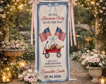 Personalized All American Baby Shower Banner: Patriotic Baby Announcement, Custom Name & Date Tapestry