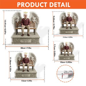 May include: A memorial figurine of a person sitting on a bench with angel wings and two small cherubs. The base features the text "I'll Always Be With You, Michael Johnson, 1945-2025". Dimensions range from 7.7 to 15.41 cm in height and 10 to 20 cm in width.