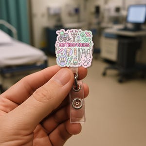 Orthopedics Badge Reel: Retractable ID Holder with Pastel Medical Icons