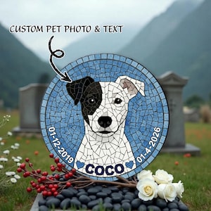May include: A round, mosaic-style memorial stone featuring a dog portrait with the name "Coco" and dates. The dog has black and white markings, set against a blue mosaic background. Text at the top reads "CUSTOM PET PHOTO & TEXT".