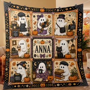Coperta trapuntata personalizzata con fantasmi di Halloween e caffè, plaid vintage autunnale in patchwork.