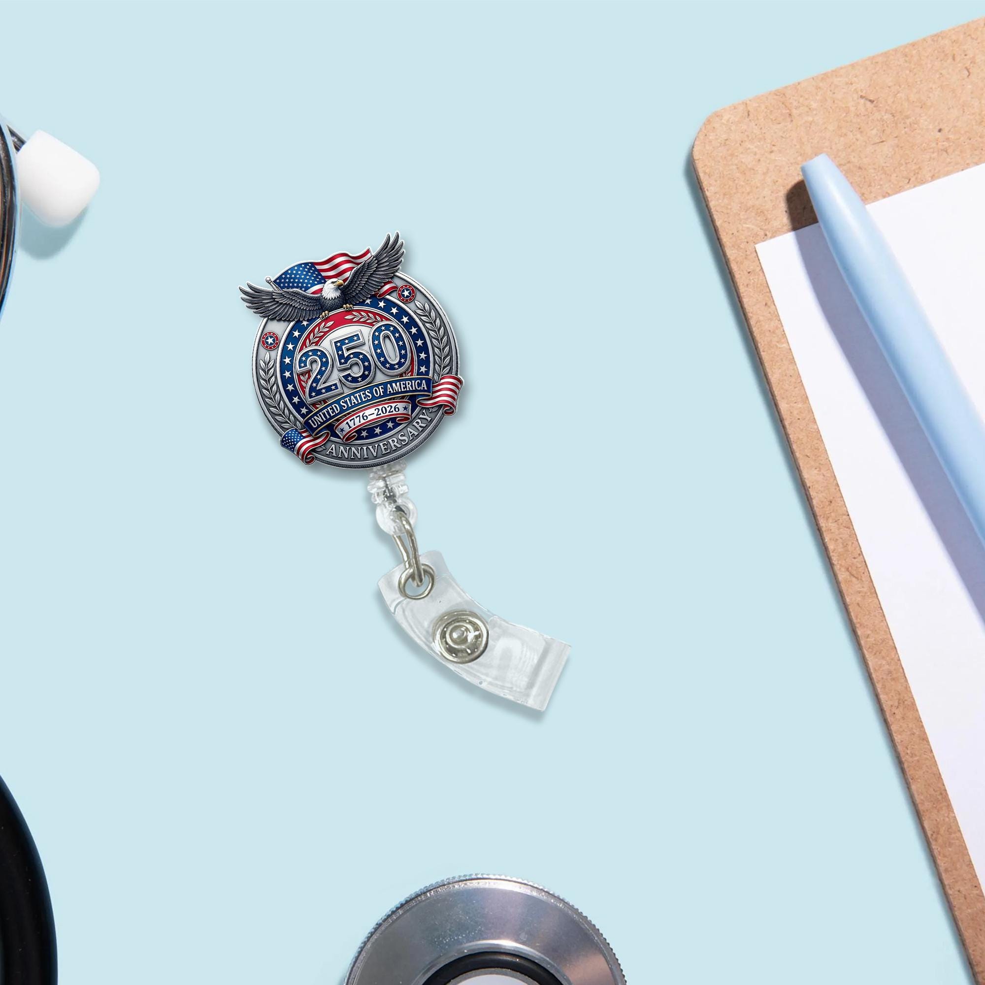 Discover Badge Reel: Retractable ID Holder 1776-2026 Semiquincentennial, Patriotic Eagle & Wreath Design