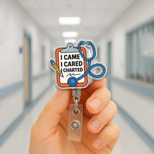 Ich bin gekommen, ich habe mich gekümmert, ich habe kariert Krankenschwester Ausweisrolle, Ausweishalter, medizinischer Ausweisclip, nettes Krankenschwestergeschenk, RN Zubehör, Krankenhaus Ausweisrolle