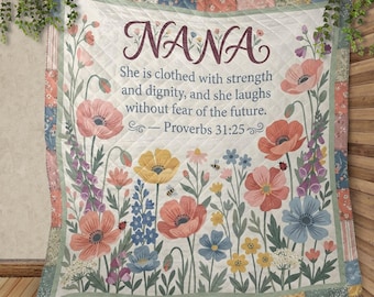 Manta acolchada personalizada: diseño floral con versículos bíblicos, manta con nombre personalizado.