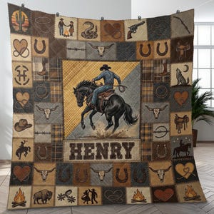 May include: A patchwork quilt with a cowboy theme. The central image features a cowboy on a black horse, with the name "HENRY" below. The quilt is a mix of brown, tan, and gray squares with cowboy-related images.
