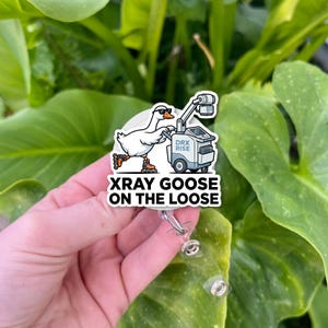 Könnte beinhalten: Ein weißes Ausweis-Jojo mit einer Cartoon-Gans mit Sonnenbrille und Rollschuhen, die ein Röntgengerät schiebt. Der Text "XRAY GOOSE ON THE LOOSE" ist darunter gedruckt.