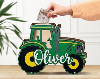 Personalized Tractor Piggy Bank: Wood Coin Holder with Custom Name