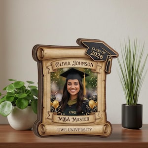 Custom Wood Diploma Block: Photo Insert Scroll Shape Freestanding, Graduation Class of 2026