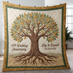 May include: Quilted blanket with a tree design, brown trunk, and green and yellow leaves. It displays "55th Wedding Anniversary", names "Lily & Daniel", and a date. The blanket has a gold and green border. The design is reminiscent of a family tree.