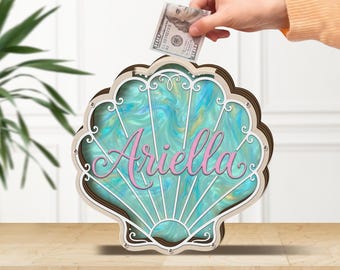 Alcancía de madera personalizada: Concha con nombre personalizado, decoración infantil de sirena iridiscente