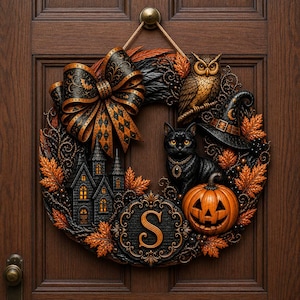 Pode incluir: Uma guirlanda circular de Halloween com um grande laço de padrões pretos e laranjas, uma coruja pousada, um gato preto, um chapéu de bruxa, uma abóbora esculpida, uma casa assombrada em miniatura e uma placa central com a letra S.