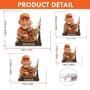 May include: A custom figurine featuring a smiling person in an orange cap and vest kneeling beside a brown deer, with a rifle standing upright. The base is labelled MICHAEL. Dimensions range from 10cm to 20cm wide and 7.7cm to 15.41cm high, with 1.5cm thickness.