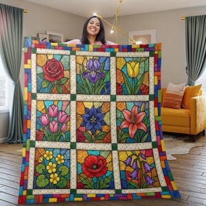 Tryckt filt: Blommönster med lapptäckskant