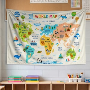 May include: A wall tapestry featuring a colourful world map with the text "WORLD MAP". The design includes illustrations of animals, ships, aeroplanes, and hot air balloons across continents and oceans, labelled with geographical names.