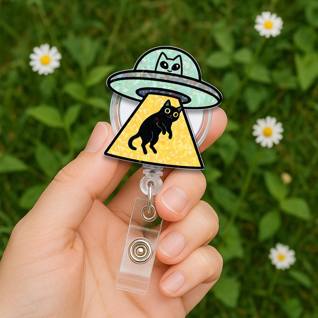 Cute Cat UFO Badge Reel, Holographic Alien Abduction ID Holder - Etsy