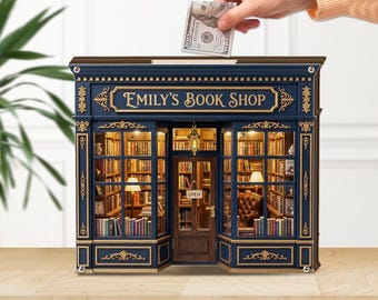 Personalized Piggy Bank: Custom Bookshop Money Box, Vintage Miniature Decor