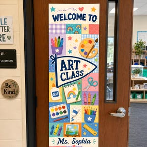 May include: A vertical rectangular door banner featuring the text "WELCOME TO ART CLASS" and "Ms. Sophia". The design includes colorful grid patterns, stars, hearts, and illustrations of art supplies like crayons, a paint palette, glue, scissors, and a sketchbook.