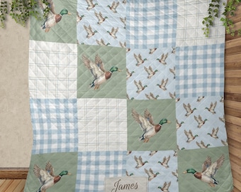 Manta personalizada: decoración para habitación de bebé niño, patchwork de pato real, cuadros vichy azules vintage