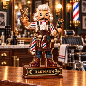 May include: A wooden nutcracker figurine dressed as a barber, featuring white hair, a mustache, and a brown leather apron. It holds gold scissors and a hair clipper, with tools in its apron pockets and a base labeled HARRISON.