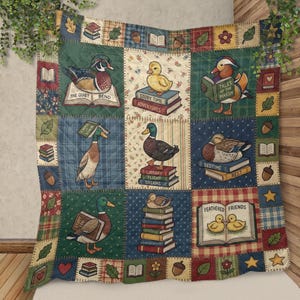 Duck and Book Patchwork Quilt Blanket: Vintage Style Reading Lover Throw