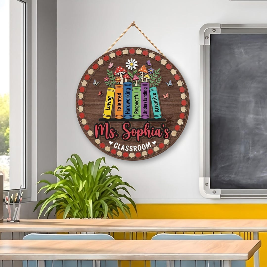 Personalized Teacher Classroom Sign: Custom 2-layer Wood Botanical Book ...