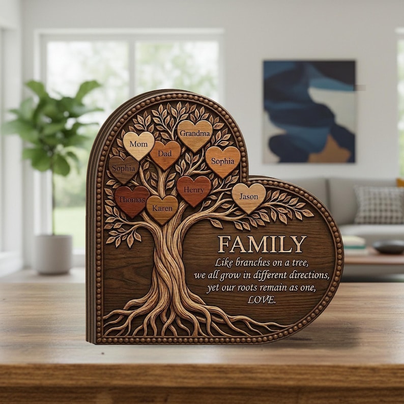 Personalized Wooden Heart Block: Family Tree of Life Custom Name Sign ...