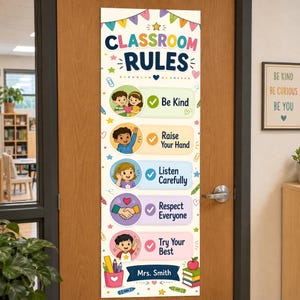 Puede incluir: Un cartel vertical de reglas de clase con ilustraciones coloridas de niños y cinco reglas: Be Kind, Raise Your Hand, Listen Carefully, Respect Everyone y Try Your Best. El cartel incluye un espacio para un nombre, Mrs. Smith, en la parte inferior.