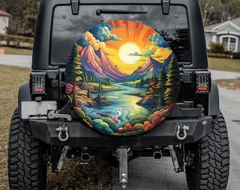 Mountain Sunset Reserveradabdeckung mit Kameraloch: Geländewagen, Wohnmobil, Jeep