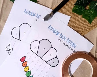 Rainbow Rain Stained glass Pattern, Png, PDF, DXF, SVG, Suncatcher, pattern for print, Hobby license, cloud, raindrops, Beginer friendly