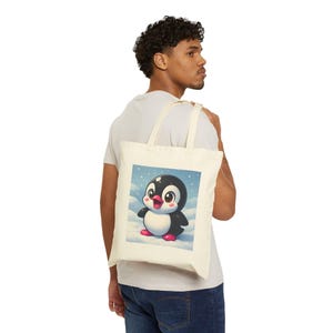 Adorable Penguin Cotton Canvas Tote Bag, Cute Shopping Bag, Eco-Friendly Gift, Animal Lover Tote, Winter Accessory
