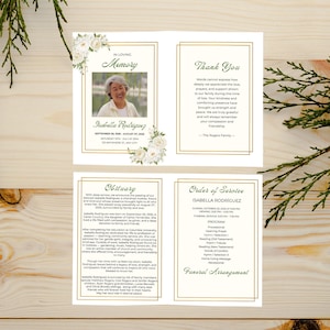 Może przedstawiać: Program nabożeństwa żałobnego ze zdjęciem Isabelli Rodriguez, obramowanym białymi kwiatowymi akcentami. Program zawiera nekrolog, porządek nabożeństwa i podziękowanie, wszystko na kremowym tle.