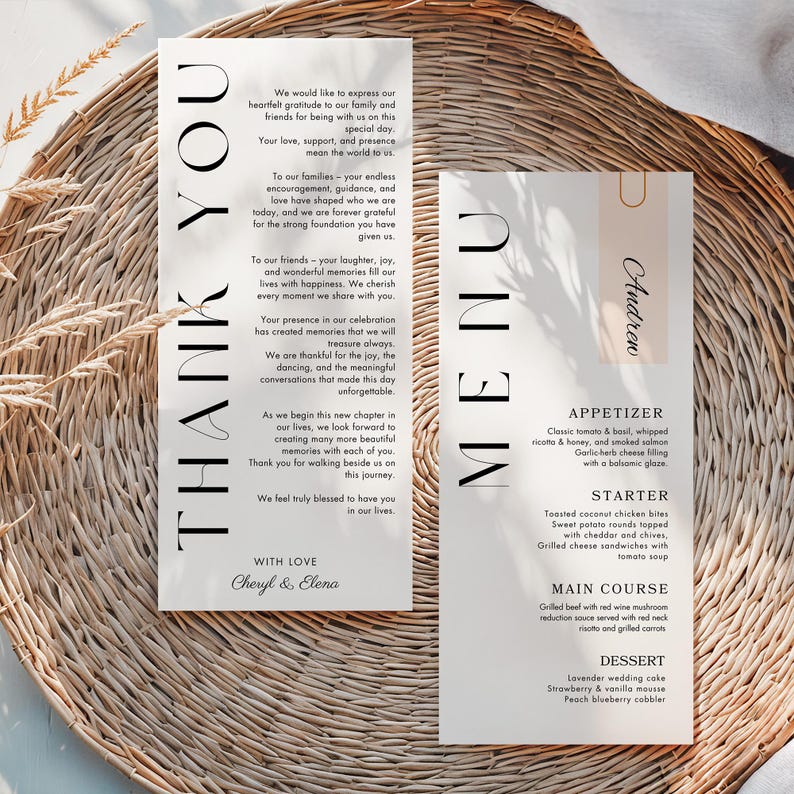 Gold Rimed Card Design Modern Editable Menu and Thank You Card Templates | Printable Wedding ...