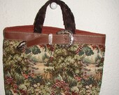 Tapestry N Leather Tote Bag Purse Handbag or Bible Bucket TWO inside pockets 1 lg 1 small Fully lined OOAK *