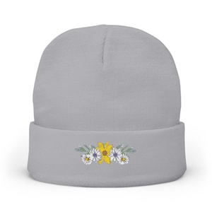 Embroidered Floral Knit Beanie, Personalized Winter Hat, Custom Embroidery Headwear, Floral Design Beanie, Knit Winter Cap