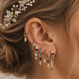 Blue Sapphire Gold Earrings Set,Dainty Ear Cuff Jewelry,Crystal Huggie Hoops, Stackable Piercing Earrings,Bridal Gift,Minimalist Ear Jewelry