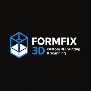 May include: A black background with the logo for Formfix 3D. The logo features a blue and white geometric shape, the words "FORMFIX" in white, and "3D" in blue. Below, it reads "custom 3D printing & scanning."