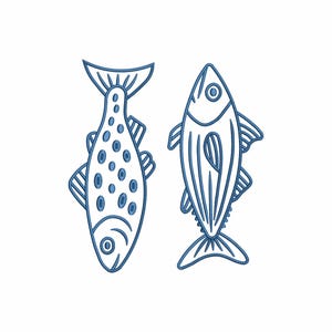 Minimal Fish Line Embroidery Design, Simple Outline Seafood Duo Bluework Style