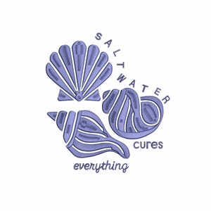 May include: A design featuring three stylized seashells in shades of periwinkle blue. The text "SALT WATER cures everything" is arched around the shells. The design is on a white background.