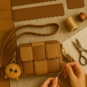 May include: A tan and brown crossbody bag with a woven design and a scalloped flap. A fluffy, round keychain with sunglasses hangs from the bag. Sewing supplies, including thread, scissors, and leather pieces, are arranged around the bag.